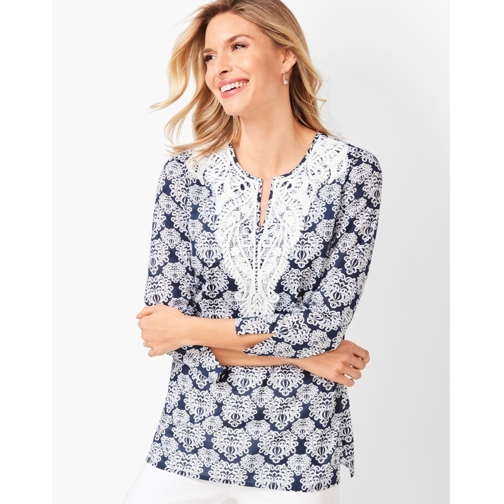 Talbots Lace Bib Cotton Tunic Top Navy Blue & White Medallion Print Large